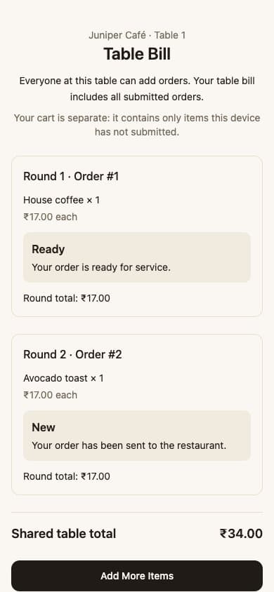 QR.CR Table Bill with two separate ordering rounds, actual Ready and New statuses and a shared total in a local demo.