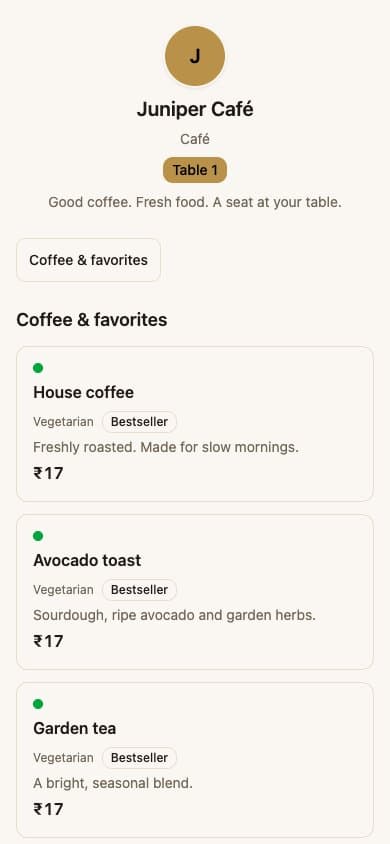 QR.CR customer menu for Juniper Café at Table 1, showing coffee and toast in a local demo.