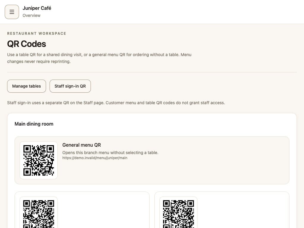 QR.CR QR Codes screen with distinct general-menu and table QR codes for a local demo.