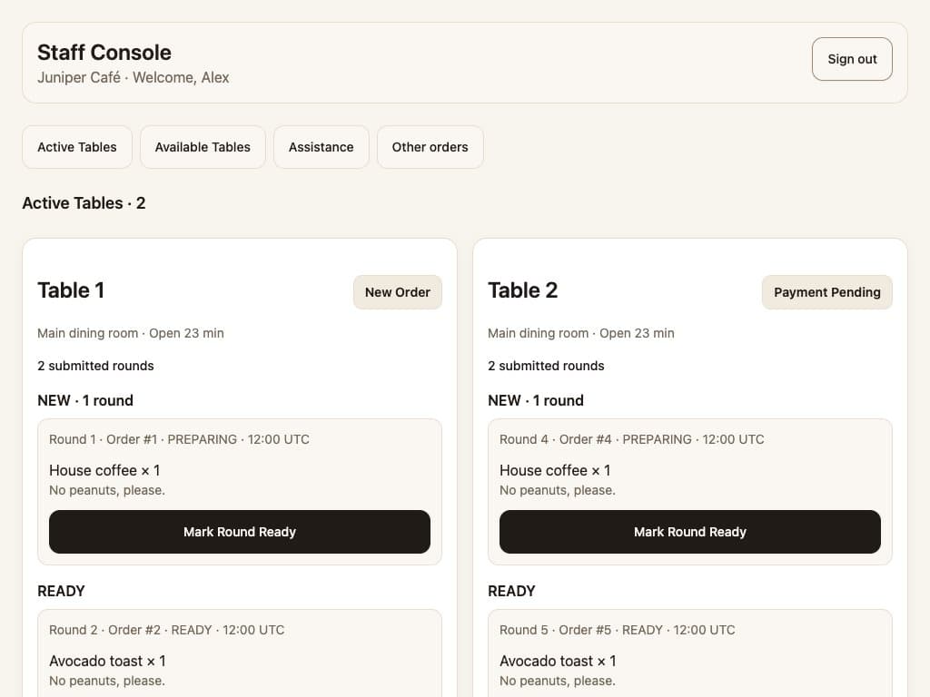 QR.CR Staff Console showing active tables, order rounds and payment pending confirmation in a local demo.